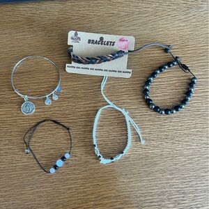 5 braclets 1 Alex and Ani Silver bracelet an 4 other bracelets
